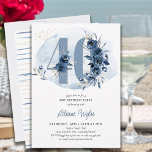 Convites Frente aniversário de 40 anos Azul Costeiro Número<br><div class="desc">convite de festas aniversário de 40 anos com número 40 decorado com rosa-buds, flores e folhagem em tons de azul litorâneo e areia. Design sutil feminino e elegante com arranjos florais de aquarela, decapantes de tinta e pinceladas. Perfeito para comemoração de aniversário de 40 anos com vibe costeira, casa de...</div>
