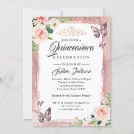 Convites Frente de Borboleta Dourada de rosa Quinceanera Fl