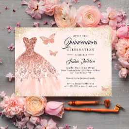 Convites Frente de Rosa Dourada de Vestido Sparkle Quincean