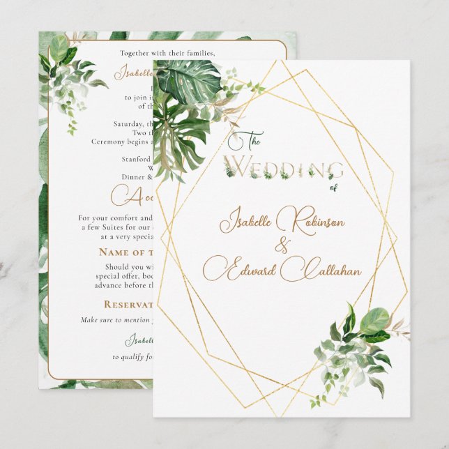 Convites Frente e Verso Folhas Tropicais Verdes Geométrico  (Frente/Verso)