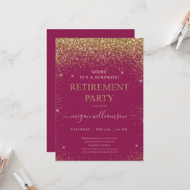 Convites Frente Elegante de Aposentação Dourada de Glitter (Frente/Verso In Situ)