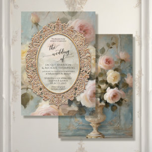 Convites Frente Elegante Floral Vintage Rose Bouquet Dourad