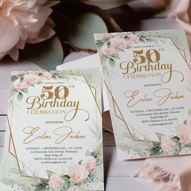 Convites Frente, rosa de rosca, eucalipto, estrutura de our (Gold numbers blush roses and eucalyptus 50th birthday invitation digital )