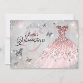 Convites Frente rosa-prata Borboleta Esparto Quinceanera