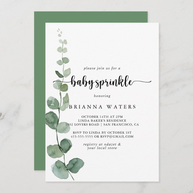Convites Frente Verde Eucalyptus Baby Sprinkle (Frente/Verso)