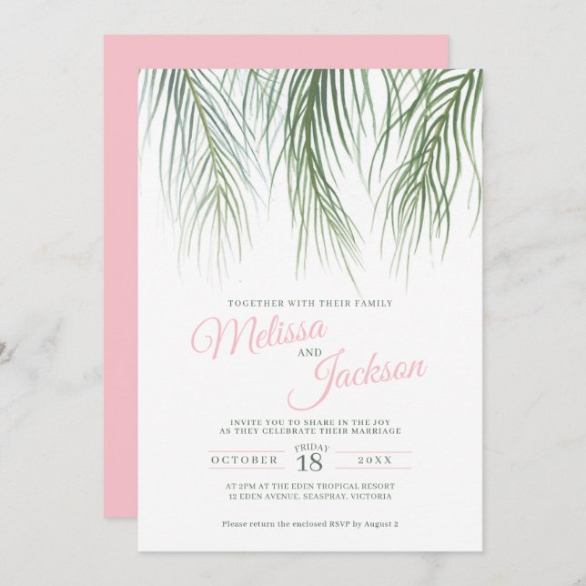Convites Frentes de palma tropicais cor de água verde rosa  (Frente/Verso)