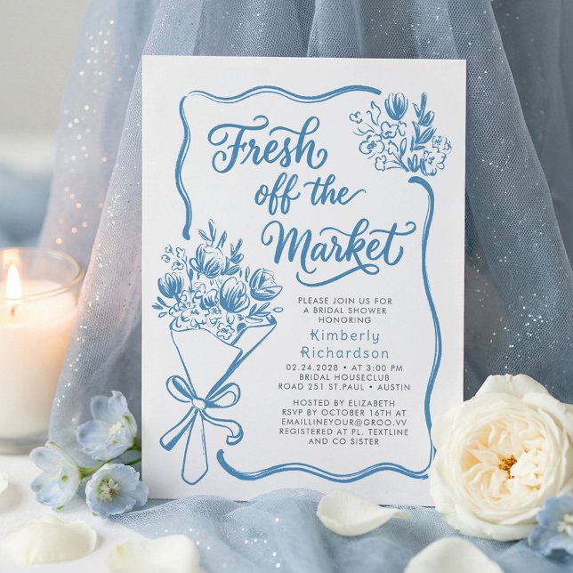 Convites Fresca do Mercado Brinco Esposa Chá de Noiva Capri (Fresh Off The Market Whimsical Hand Drawn Dusty Blue Bridal Shower Invitation)