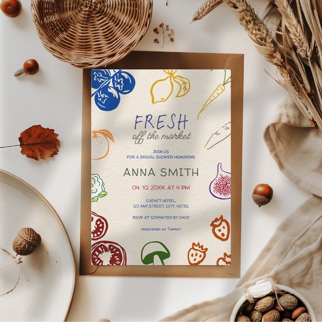 Convites Fresco Do Banheira Bridal Desenhada Da Mão Do Merc (Fresh off the market hand drawn bridal shower invitation colorful farmer's market cute aesthetic)