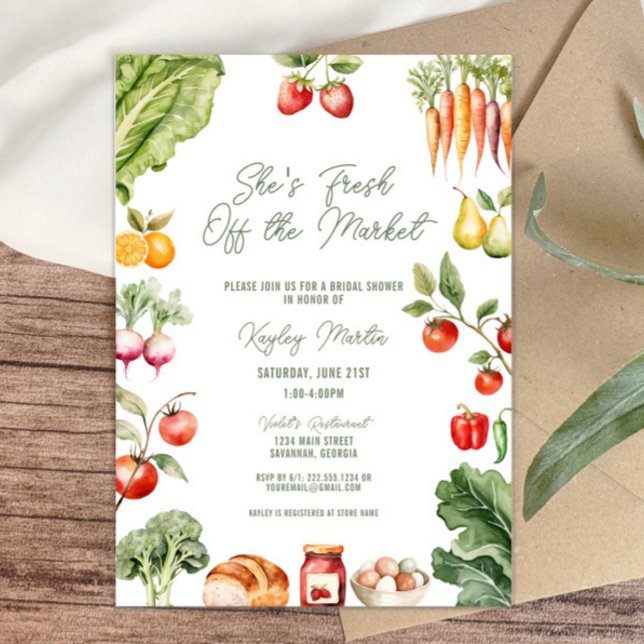 Convites Fresco do Chá de panela de Mercado do Agricultor (She’s fresh off the market! rustic farmer’s market bridal shower invitation, vegetables, fruits)