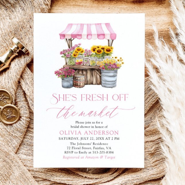Convites Fresco Do Chá de panela De Mercado Dos Agricultore (Modern Watercolor Pink Gingham Fresh Off The Market Farmers Market Bridal Shower Invitation)