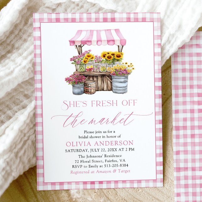 Convites Fresco Do Chá de panela De Mercado Dos Agricultore (Modern Watercolor Pink Gingham Fresh Off The Market Farmers Market Bridal Shower Invitation)