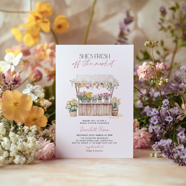 Convites Fresco do Chá de panela do mercado de agricultores (She's Fresh Off the Market! Flower Stand Farmer's Market Bridal Shower Floral Invitation)