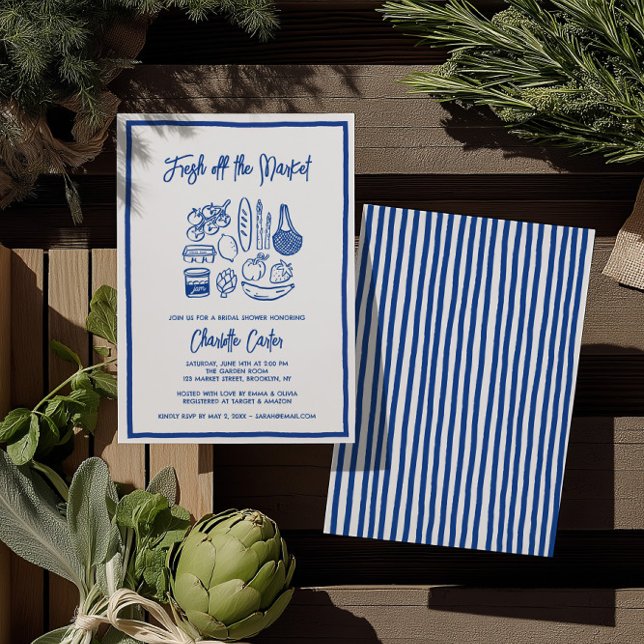 Convites Fresco do Mercado Chuveiro de Noiva Azul Caprichos (Fresh Off The Market Bridal Shower Whimsical Blue Invitation)