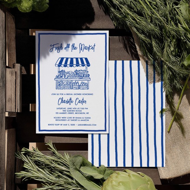 Convites Fresco do Mercado Chuveiro de Noiva Azul Caprichos (Fresh Off The Market Bridal Shower Whimsical Blue Invitation)
