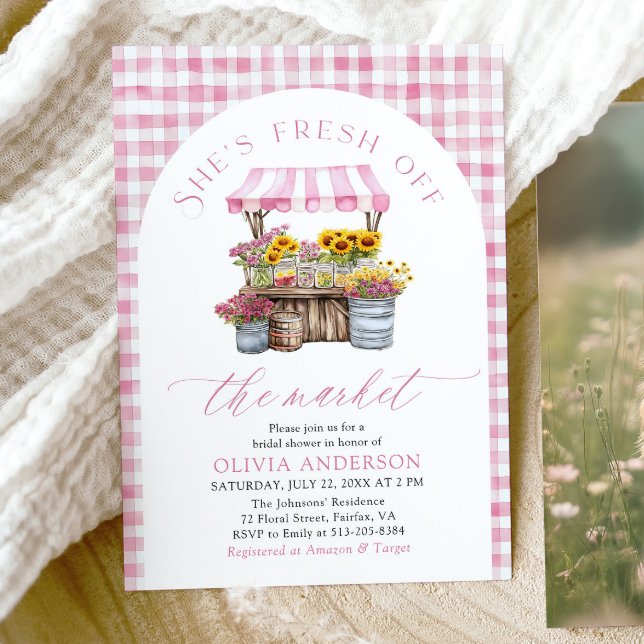 Convites Fresco Rosa Do Chá de panela De Arco De Mercado (Watercolor Elegant Pink Fresh Off The Market Farmers Market Arch Bridal Shower Invitation)