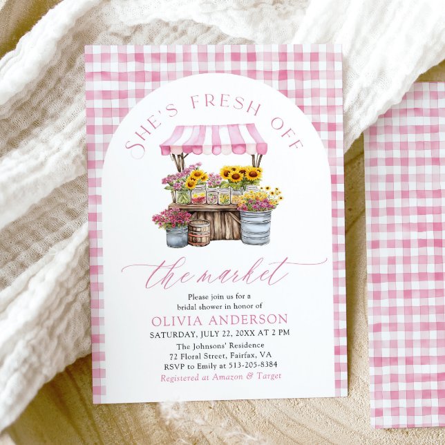 Convites Fresco Rosa Do Chá de panela De Arco De Mercado (Watercolor Elegant Pink Fresh Off The Market Farmers Market Arch Bridal Shower Invitation)
