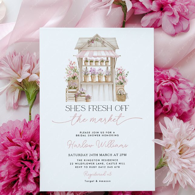 Convites Fresh off the Market Flower Pink Bridal Shower  (She's fresh off the market! Flower cart Bridal Shower Invitation | Pink Flowers)
