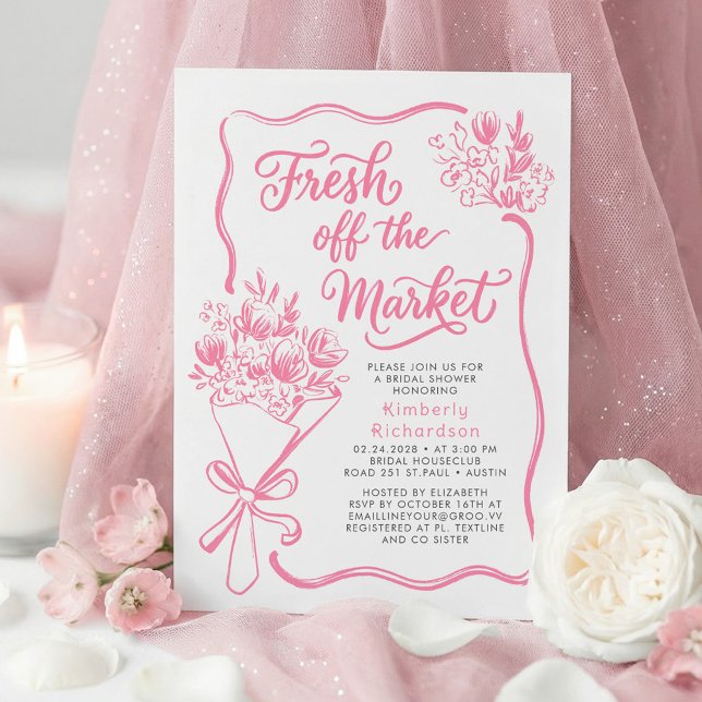 Convites Fresh Off The Market Whimsical Drawn Bridal Shower (Fresh Off The Market Pink Whimsical Hand Drawn Flowers Bouquet Bridal Shower Invitations)