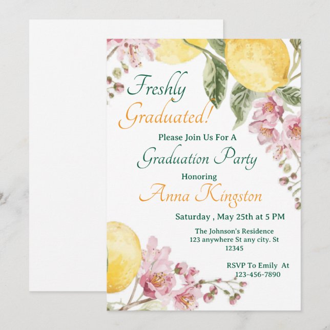 Convites Freshly Graduated Lemon Pink Graduation Invitation (Frente/Verso)