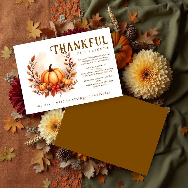 Convites Friendsgiving Botanical Autumn Wreath Pumpkins (Brown Friendsgiving Ornate Autumn Wreath Watercolor Style Pumpkin Arrangement Invitation Party Cards)
