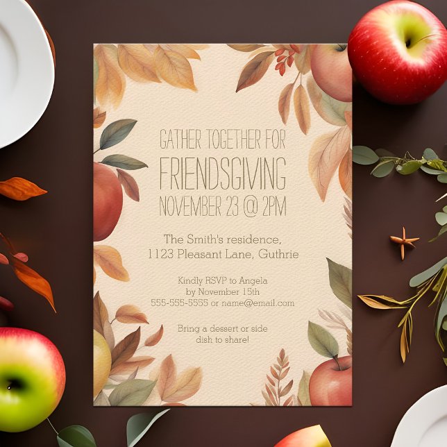 Convites Friendsgiving Colheita de Maçã de Outono Aquarela  (Boho watercolor Friendsgiving dinner party invitation with Fall apples)