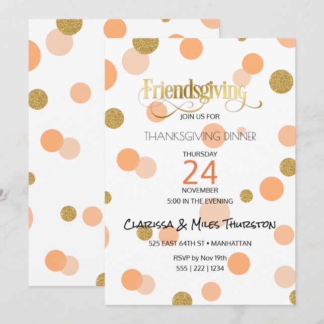 Convites Friendsgiving Laranja & Dourado Pontos Moderno (Frente/Verso)
