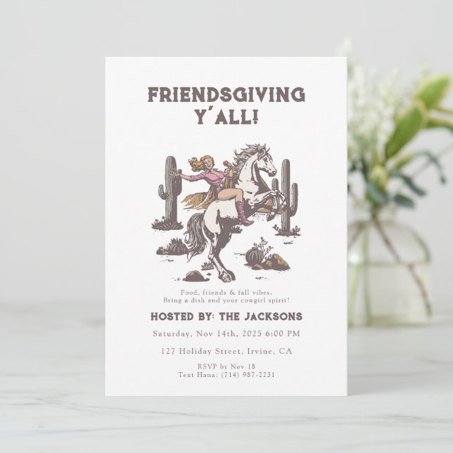 Convites Friendsgiving Y’all Invitation Retro Cowgirl  (Em pé/Frente)