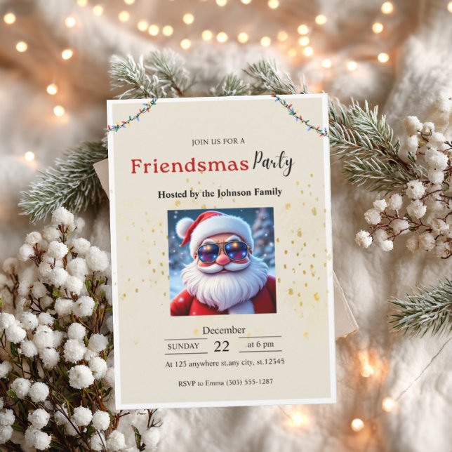 Convites Friendsmas Party Invitation • Funny Christmas  (Friendsmas party invitation card with Santa design on cozy winter background and soft lights.)