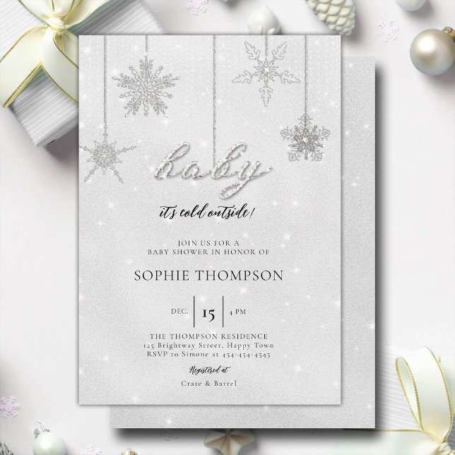Convites Frio de bebê fora Glitter Floco de neve Chá neutro (baby its cold outside baby shower invitation rhinestone glitter sparkle snowflakes gender neutral)