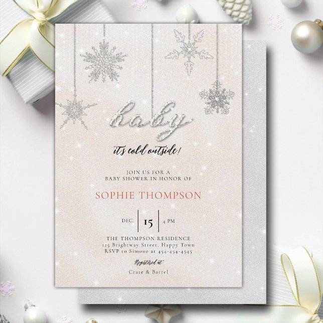 Convites Frio de bebê fora Glitter Flocos de neve Chá (baby its cold outside baby shower invitation rhinestone glitter sparkle snowflakes girl pink elegant)