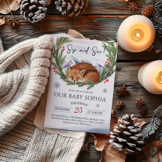 Convites Frio Fora Da Madeira Fox Winter Sip E Ver (Cold Outside Woodland Fox Winter Sip And See Invitation)