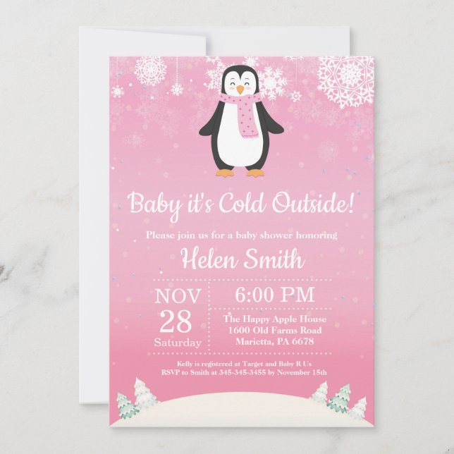 Convites Friozinho lá Fora Pinguim de Inverno Chás de Bebê (Frente)