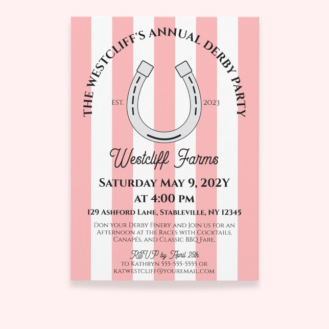 Convites Frisa-rosa-rosa-cabana do Partido Derby Elegante (Pink Cabana Stripes Horseshoe Derby Horse Racing Party Invitation)