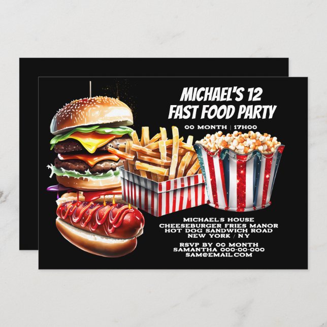 Convites Fritas de hambúrguer, festas de comida rápida e ca (Frente/Verso)