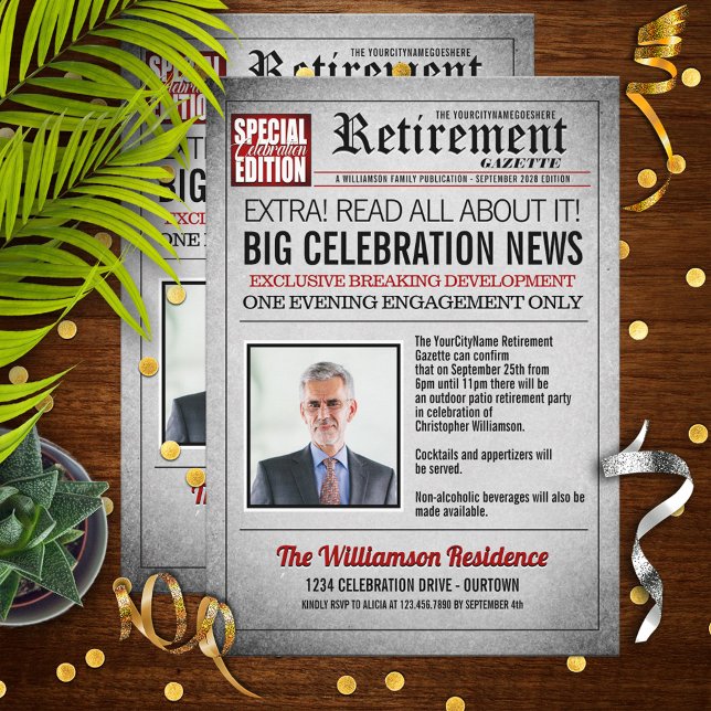 Convites Front Page Newspaper Retirement Party Invitation (Criador carregado)