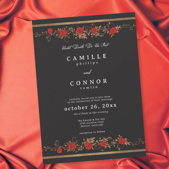 Convites Fronteira da Rosa Vermelha Gótica Até a Morte Casa (Gothic Red Rose Border Until Death Wedding Invitation)