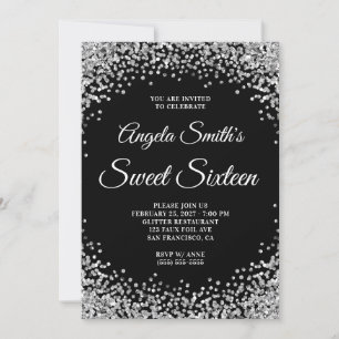 Convites Fronteira de Brilho Prateado Preto Sweet Sixteen