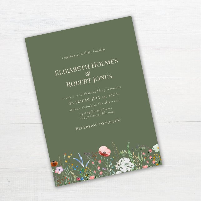 Convites Fronteira de Casamento em Prado de Flores Silvestr (Sage Green Boho Wildflower Wedding Invitation on white wooden table.)