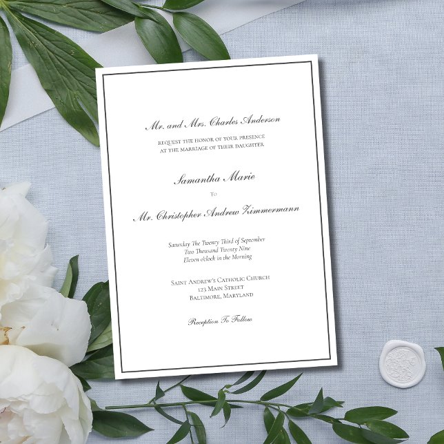 Convites Fronteira de cinza Mínima Tradicional Elegante (Formal Traditional Classic Elegant Gray Silver Wedding Invitation with formal wording)
