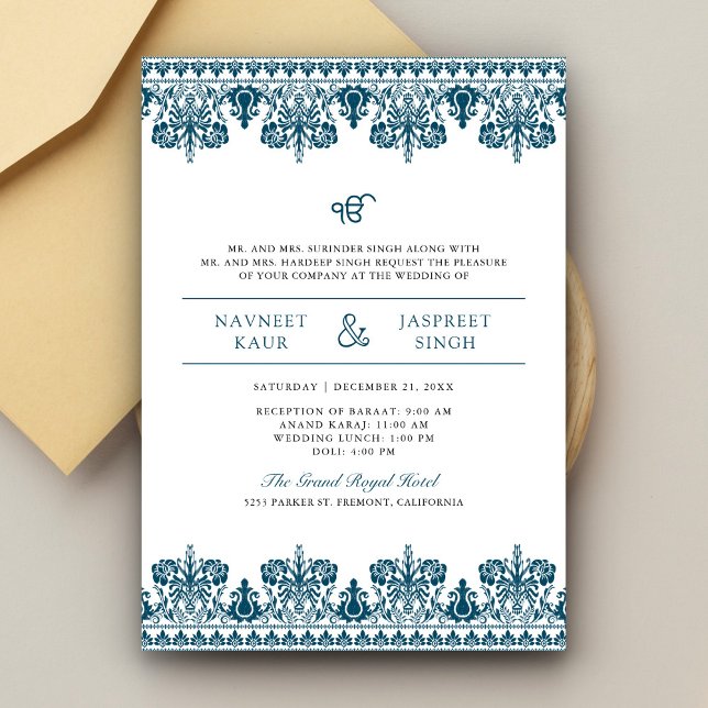 Convites Fronteira de Damasco Azul Anand Karaj Casamento Si (Criador carregado)