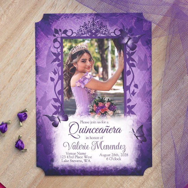 Convites Fronteira de Fotografias do Rico de Quinceanera Ro (Elegant Purple Quinceanera Invitation with Butterflies and Decorative Photo Frame)