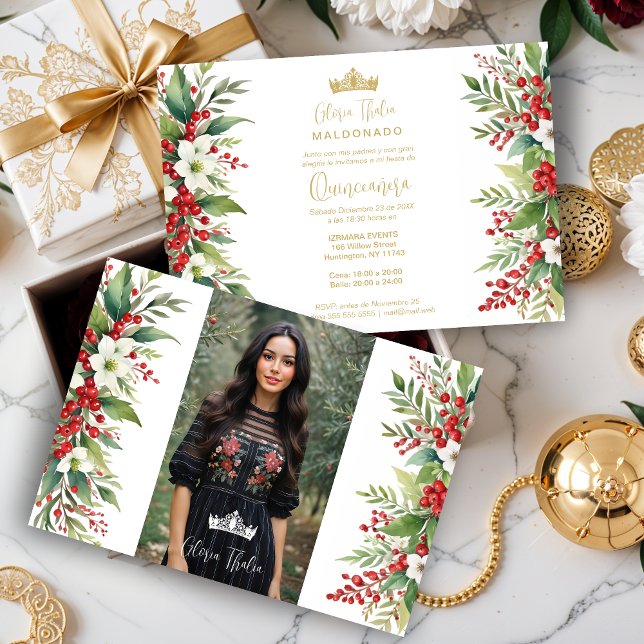 Convites Fronteira de Natal XVs Holly Sweet Floral Espanhol (Christmas Border Inspirations Holly Sweet Floral Spanish Photo Mis XV Invitations Cards. )