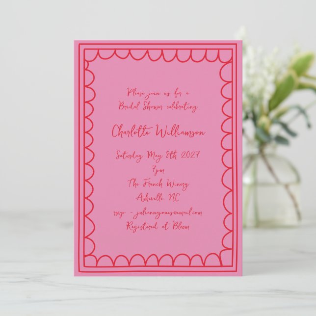 Convites Fronteira de Rabiscos Rosa Vermelho Whimsy Script  (Em pé/Frente)