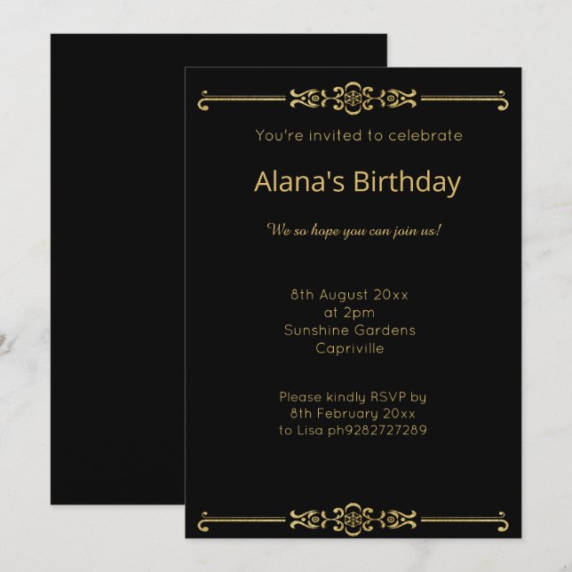 CONVITES FRONTEIRA DOURADA NEGRA ELEGANTE MODERNA (Frente/Verso)
