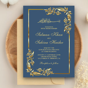 Convites Fronteira Floral Azul e Dourada Casamento Islâmico