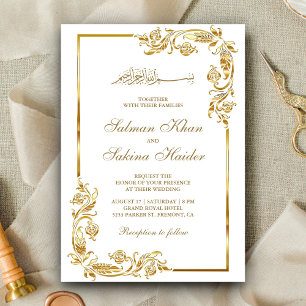 Convites Fronteira Floral Branca e Dourada para Casamento I