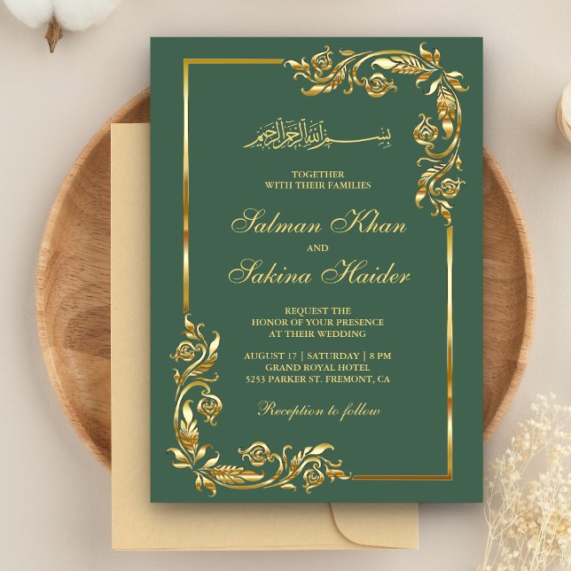 Convites Fronteira Floral Verde e Dourada Casamento Islâmic (Criador carregado)