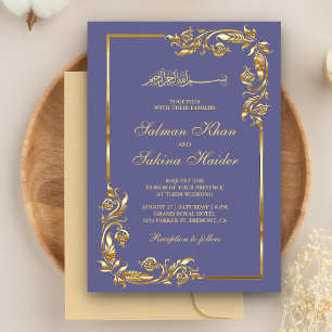 Convites Fronteira Floral Violeta e Dourada Casamento Islâm