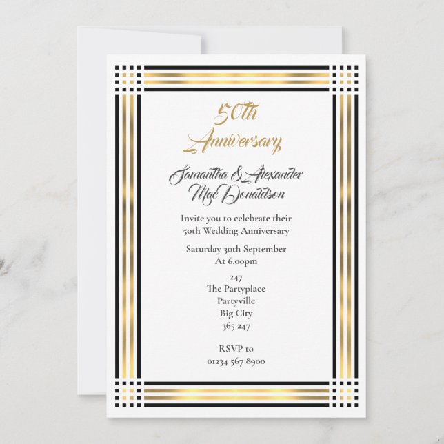 Convites Fronteira preta e dourada aniversário de casamento (Frente)