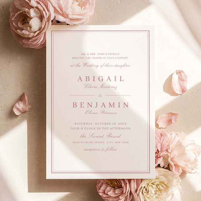 Convites Fronteiras elegantes rosa empoeirado casamento min (Elegant borders dusty pink minimalist wedding invitation)